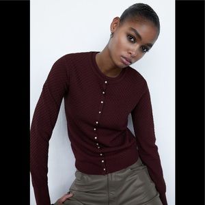 🤍 ZARA Burgundy Knit Jewel Rhinestone Gem Textured Cardigan Sweater in Large
